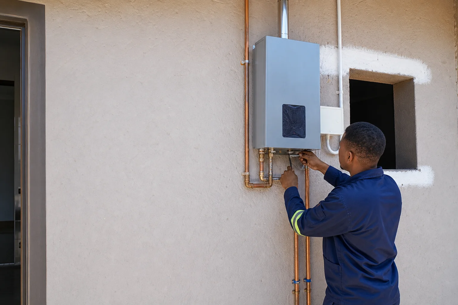 Aqua Flow plumber checking a gas geyser installation