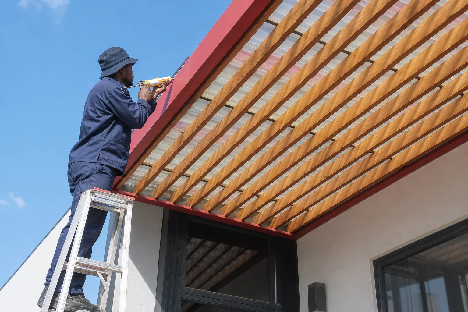 Tradesperson sealing a residential canopy