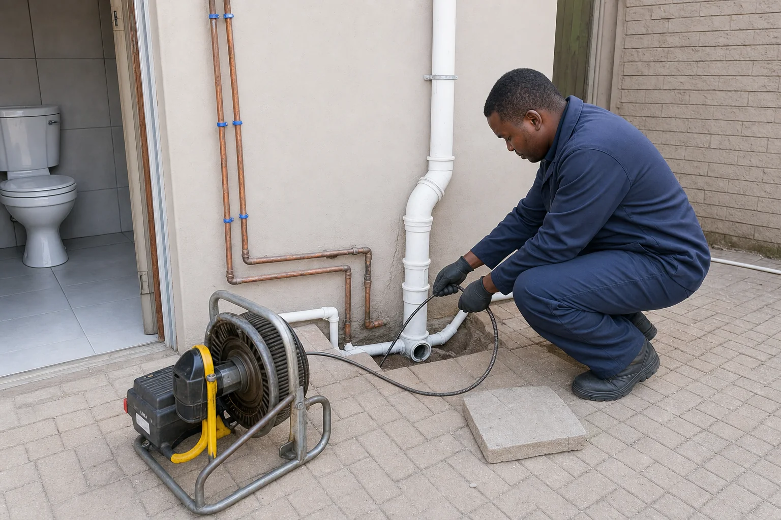 Technician clearing an exterior residential drain